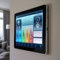 Wall-mounted smart home control panel in a modern living room. The touch screen displays various controls Royalty Free Stock Photo