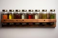 wall-mounted spice rack with uniform jars Royalty Free Stock Photo