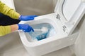 Wall mounted toilet cleaning. hotel maid cleans toilet with a scrub brush. woman household service Royalty Free Stock Photo