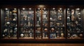 A wall-mounted trophy case featuring numerous accolades, statuettes, and plaques Royalty Free Stock Photo