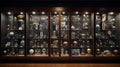 A wall-mounted trophy case featuring numerous accolades, statuettes, and plaques