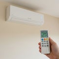 A wall-mounted white air conditioning unit is controlled by a handheld remote. The Royalty Free Stock Photo
