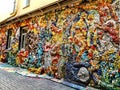 Wall of multi-colored mosaic in one of the courtyards of St. Petersburg