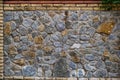 Wall of multicolored cobblestone surrounded by brickwork