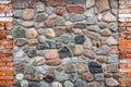 Wall of multicolored granite cobblestones bonded with cement mortar