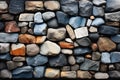 Wall of multicolored stones of different shapes embedded in cement mortar