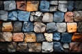Wall of multicolored stones of different shapes embedded in cement mortar
