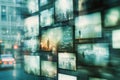 Wall of multiple television screens displaying various images Royalty Free Stock Photo
