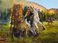 Wall Mural, Wild West, Horse Rider Attack Fire