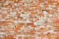 Wall of old, red ceramic brick smeared with cement mortar. Grunge background, texture Royalty Free Stock Photo