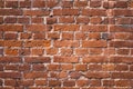 Wall of old red clay bricks. Ruined vintage stone background. Rough aged masonry backdrop. Surface of grunge brick Royalty Free Stock Photo