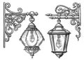 Wall old street lamp in engraving style. Vintage lantern sketch illustration Royalty Free Stock Photo