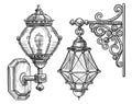 Vintage lantern sketch illustration engraving style. Wall old street lamp Royalty Free Stock Photo