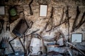 Wall with old stuff and tools Royalty Free Stock Photo