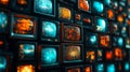 A wall of old tvs with many different colored screens Royalty Free Stock Photo