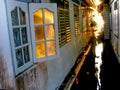 Wall of old white houses in fisherman`s village.
