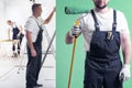 Wall painter in dungarees holding a paint roller on a neo mint g