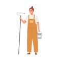 Wall painter standing with paint bucket and roller. Portrait of happy smiling female worker holding tools. Woman in Royalty Free Stock Photo