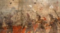 Wall painting with Ancient warriors, Greek and Roman art, artifact of past civilization. Old vintage damaged fresco with soldiers