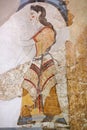 Wall painting of the House of the Ladies depicting a woman from Akrotiri Minoan Settlement, Greece