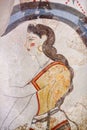 Wall painting of the House of the Ladies depicting a woman from Akrotiri Minoan Settlement, Greece Royalty Free Stock Photo