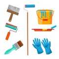 Wall Painting Items Vector. Accessories Set. Roll Brush, Paint, Bucket, Gloves. Isolated Cartoon Illustration Royalty Free Stock Photo