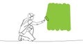 Wall painting, painter paints wall, holds paint tray, roller leaves a trace, worker in uniform one line art. Continuous Royalty Free Stock Photo