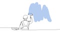 Wall painting, painter paints wall, holds paint tray, roller leaves a trace, worker in uniform one line art. Continuous