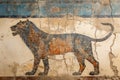 Wall painting of wild animal, cracked vintage Ancient fresco of lion or panther. Old artifact of Sumerian or Babylonian
