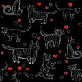 Cats pattern black. wall-paper, group of different cats on a black background in different poses with hearts Royalty Free Stock Photo