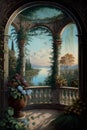 Wall paper painted in oil colors for an old balcony overlooking a lake surrounded by trees, flowers and birds