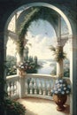 Wall paper painted in oil colors for an old balcony overlooking a lake surrounded by trees, flowers and birds