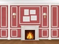 Wall with pilasters, fireplace, sconces