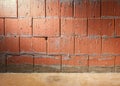 Wall of Porotherm style clay block bricks in a building under construction, background with copy space, lit laterally