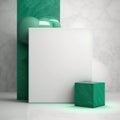 Wall poster mockup emerald lights and marble cubes AI generation