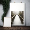Wall poster mockup an old wooden bridge and a river of dreams, AI generation