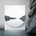 Wall poster mockup round, smooth stone skipping across the surface of a lake AI generation