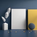 Wall poster mockup silver feathers and golden fireflies, blue sand and yellow cubes AI generation