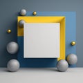 Wall poster mockup silver stars and golden orbs, blue sand and yellow cubes AI generation