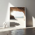 Wall poster mockup sun-drenched beach and a crystal cave, AI generation