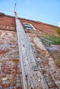 Wall of red brick building with green ivy plant and upward view of telephone pole and window Royalty Free Stock Photo