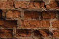 The wall of red dilapidated brick. The ruined brick wall close-up. Facade of a destroyed brick building. Pattern, texture, backgro