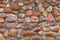 Wall of red granite cobblestones bonded with cement mortar