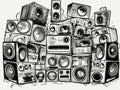 Wall of retro vintage style Music sound speakers in hand-drawn style Royalty Free Stock Photo