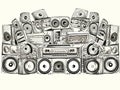 Wall of retro vintage style Music sound speakers in hand-drawn style Royalty Free Stock Photo