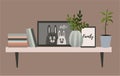 Wall shelf for a Scandinavian-style living room interior with flower pots, books and paintings. Vector flat illustration Royalty Free Stock Photo