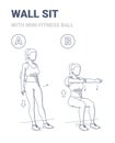 Wall Sit with Fit Mini Ball Women Home Workout Exercise Guide Illustration.