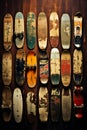 Wall of skateboards with rusted paint and old signs. Generative AI