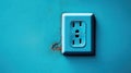 Wall socket on blue wall. Generative AI Royalty Free Stock Photo