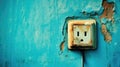 Wall socket on blue wall. Generative AI Royalty Free Stock Photo